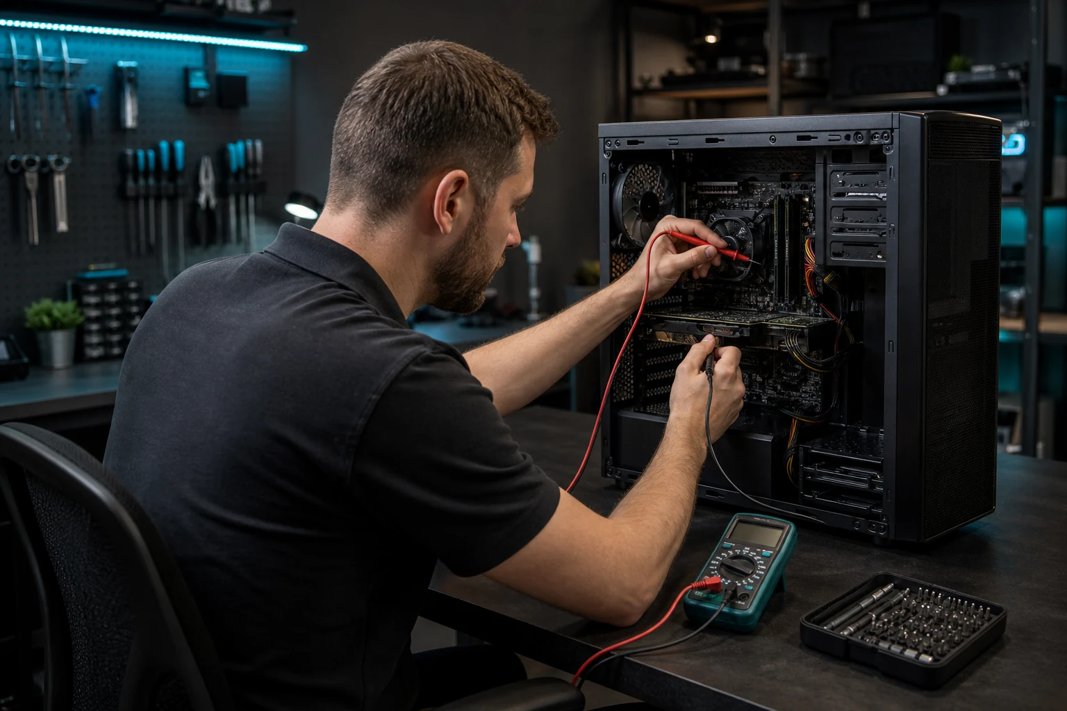 Professionelle Diagnose eines geöffneten Desktop-PCs in einer IT-Werkstatt