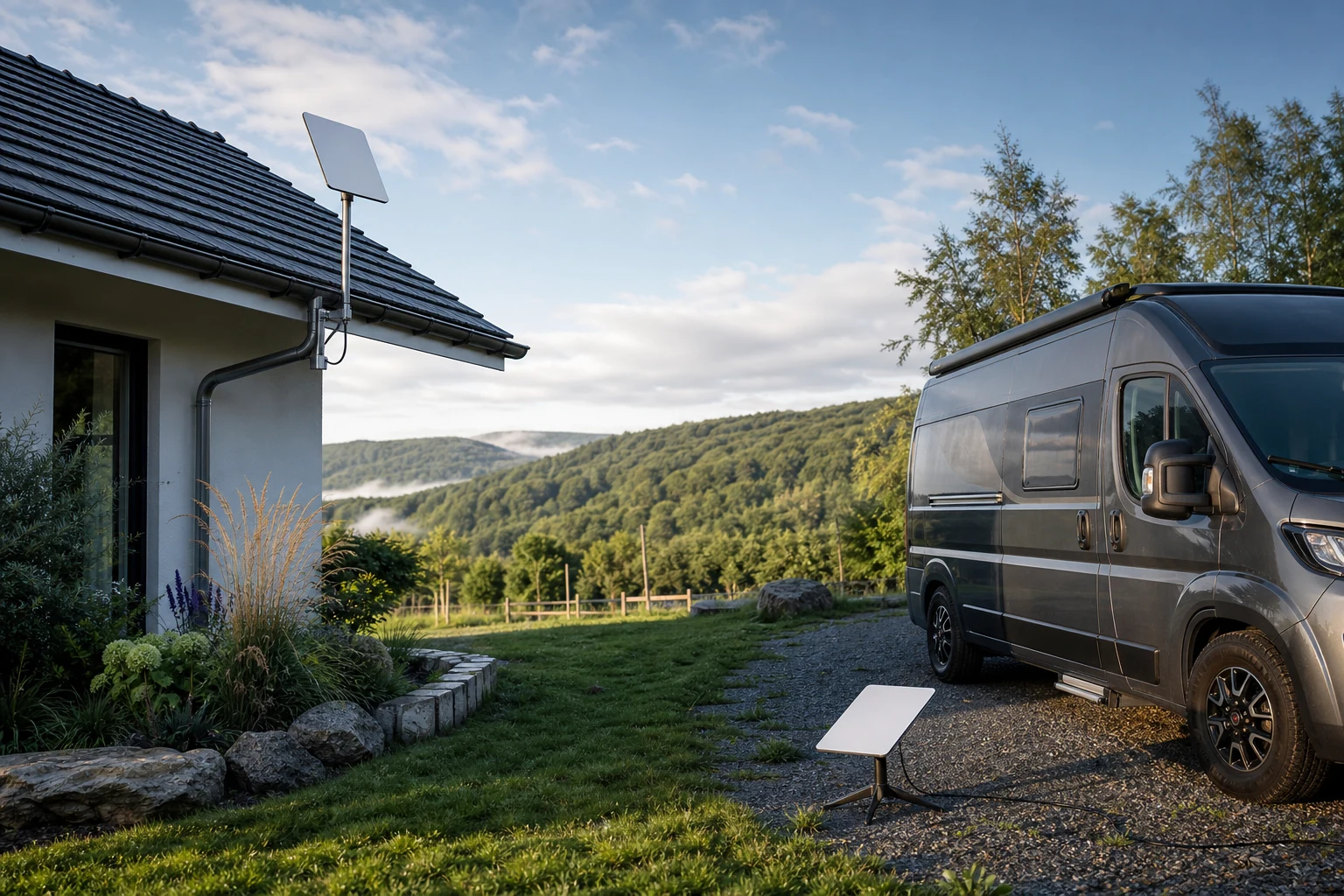 Satelliteninternet an einem Wohnhaus und mobil neben einem Camper