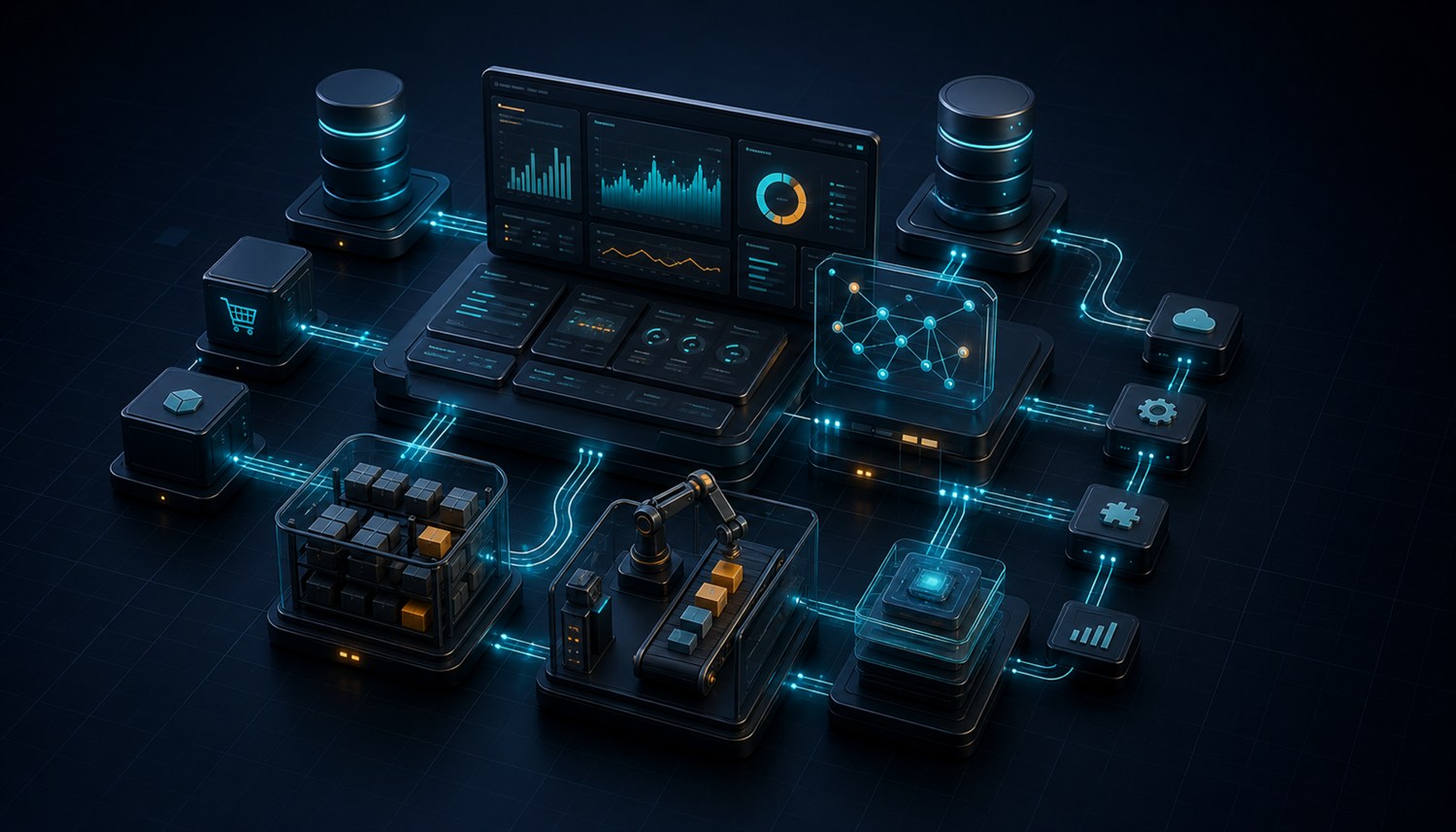 Illustration vernetzter Unternehmenssoftware mit Warenwirtschaft, Datenbanken, Automatisierung und Schnittstellen