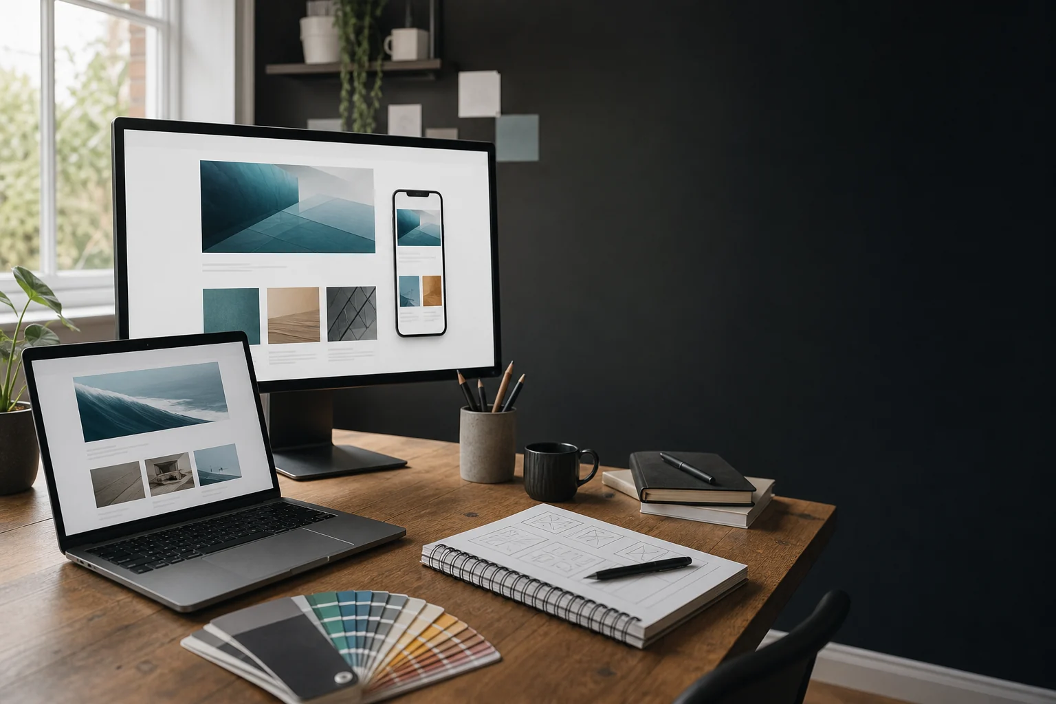 Moderner Arbeitsplatz für responsives Webdesign auf Desktop und Notebook